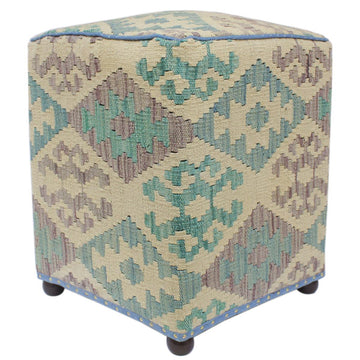 handmade Traditional Ottoman Beige Blue Hand-made SQUARE handmade ottoman pouf15'' x 15'' x 21''